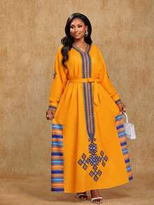 Brilight Elegant Spring/Summer Party Wear, New Year's Party Dresses, Casual Wear, And Holiday Gowns For Women. Design Highlights Include Fitted Waists, Tie Details, Flowing Robes, Prints, And Stripes. Autumn Dresses. - Yellow - View 3