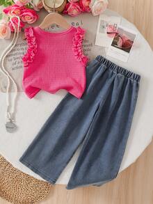2pcs/Set Young Girls Light Pink Ruffle Collar Top & 3D Butterfly Floral Denim Pants Summer Outfit, School Back-To-School Casual Fashion Jeans Set - Watermelon Pink - View 2