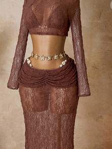 Bonvoyette 3pcs Lace Sheer Crop Top, High Waist Pleated Mini Skirt Sexy Outfit Set, Suitable For Dates - Coffee Brown - View 5