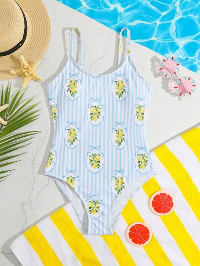 SHEIN 1pc Girls' Lemon Stripe Random Print Simple & Fashionable, Quick-Dry Comfortable Knit Fabric One-Piece Swimsuit, Suitable For Beach, Pool, Surfing, Vacation, Summer Travel