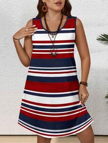 EMERY ROSE Plus Size Women Casual Minimalist Round Neck Sleeveless Striped Nautical Style Tennis Dress, Suitable For Summer - Multicolor - View 5