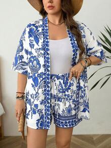 SHEIN LUNE 大码女式印花半袖和服衬衫及短裤休闲两件套 - 藍白色 - 查看 6