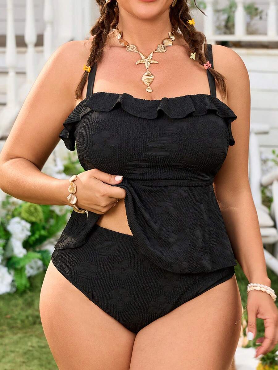 Swim Mod Plus Size Women Solid Color Ruffle Hem Tankini Swimsuit Set - Black - View 1