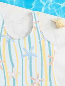 女童可爱海星印花连体泳衣，简约时尚，速干舒适针织面料，适合海滩、泳池、冲浪、度假、夏季穿着。 - 彩色 - 查看 6