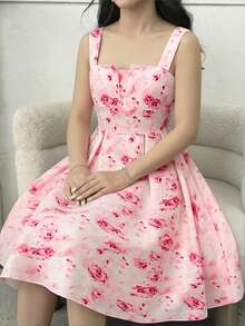 SHEIN Tween Girl Casual Vacation Elegant Fitted Waist Flared Floral Print Dress, Pink Pink Floral Dress Pink Flowerance Dress For Teens Girl Tea Party Dress Garden Party Dress - Pink - View 2