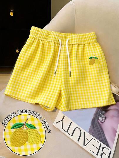 Resyla Lemon Yellow Plaid Digital Print Embroidered Fashionable Minimalist Women Shorts, Gift For Friends
