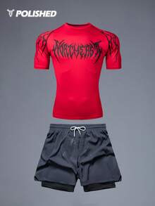 Manfinity Sport Corelite Bộ đồ nam thường ngày in họa tiết tay raglan và quần short, thích hợp cho mùa hè. - Đỏ - Xem 3