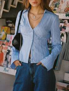 Aidyla Blue Striped V-Neck Cinched Waist Sexy Blouse For Women - Blue - View 9