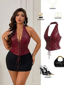 Femmeverse Áo vest nữ cỡ lớn gợi cảm, chất liệu da, thiết kế buộc dây có khoen, phối màu độc đáo. - Màu Đỏ Sâu - Xem 1