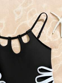 Tween Girls' Summer Vacation Beach Hollow Out Halter One-Piece Swimsuit - Black - View 4