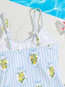 SHEIN 1 pieza Traje de baño de una sola pieza de tela de punto cómoda y de secado rápido con estampado aleatorio de rayas de limón, adecuado para playa, piscina, surf, vacaciones y viajes de verano para niñas - Multicolor - Ver 5