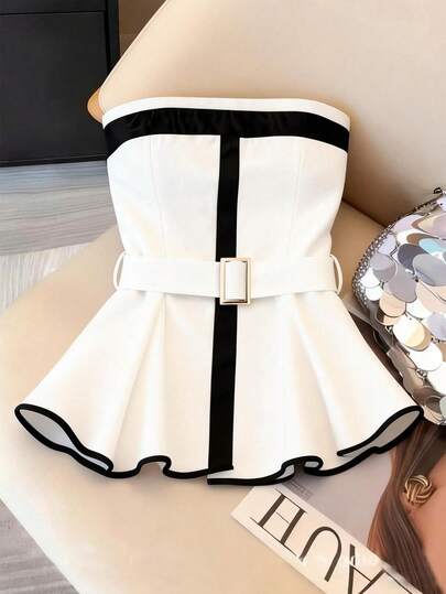 GlowEve 女士撞色金属太阳扣收腰修身优雅迷人日常法式通勤休闲百搭假日商务黑白无袖吊带背心，早春/春夏