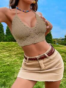 Breezaya Women's Handmade Crochet Backless Tie-Front Halter Neck Knit Top, Sexy Beach Vacation Style - Khaki - View 3