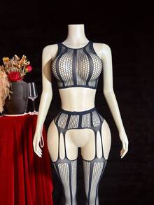 2pcs Women's Sexy Hollow Out Mesh Lingerie Set - Black - View 5