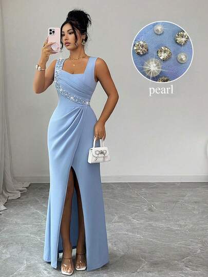 SHEIN Elenzya Sleeveless Square Neck Pearl Decor Waist Cinched Ruffle Slit Hem Elegant Romantic Sophisticated Ladies Dress, Lightweight Party Cocktail Mermaid Hem