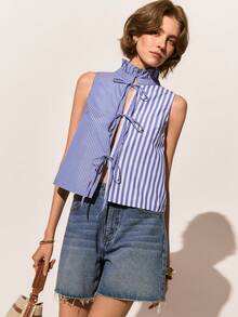 Poéselle 女士条纹前系带荷叶边立领时尚吊带背心 - 藍色 - 查看 1