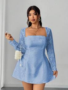 Elenzga Plus Size Solid Color Square Neck Lace Patchwork Elegant Long Sleeve Dress - Blue - View 3