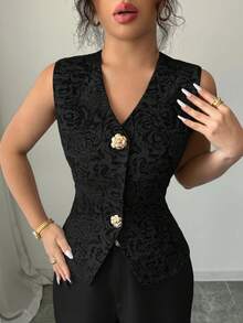 Rafferiza 优雅蓝色女士两件套，金色箔片3D印花金属扣装饰无袖背心和长裤，日常穿着两件套，夏季黑色裤装套装，女士优雅裤装，女士套装，黑色正装裤装 - 黑色 - 查看 4