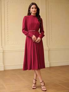 ZEYLAH Women's Pleated Cinched Waist A-Line Dress, Autumn/Winter - Red Violet - View 5