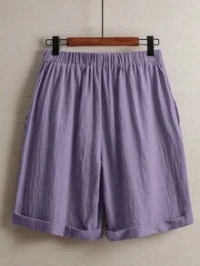 Qadelle Quần short nữ dáng nhỏ nhắn, mùa hè, kiểu dáng thường ngày, đi làm, màu trơn, cạp chun, rộng rãi, thoải mái, chất liệu vải lanh. - Màu tím - Xem 2