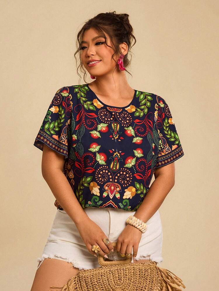 Travachic 大码女式热带印花宽松休闲短袖衬衫 - 彩色 - 查看 5