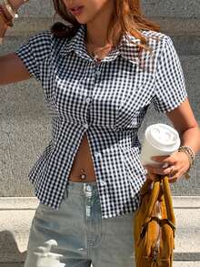 Pariaura Camisa feminina casual, Camisa feminina primavera/verão, Camisa feminina azul, Camisa feminina xadrez - Azul - Ver 1