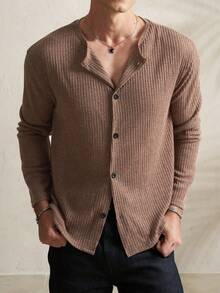 Manfinity Dauomo Men's Casual Solid Color Front Button T-Shirt - Rust Brown - View 4