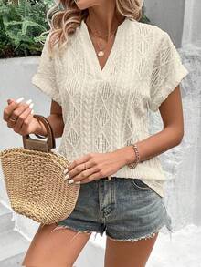EMERY ROSE Women's Vacation Geometric Textured V-Neck Short Sleeve Casual T-Shirt - Apricot - View 5