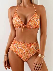 Swim Lushoire 新款夏季沙滩休闲度假性感优雅女士两件式泳衣。上衣饰有蝴蝶结和可调节肩带，黄色花卉印花面料比基尼套装。 - 彩色 - 查看 3