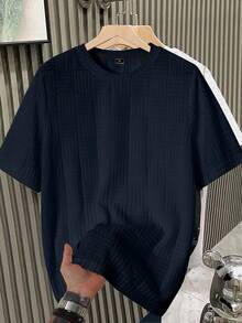 Manfinity Homme Men's Solid Color Casual Crew Neck Short Sleeve T-Shirt - Navy Blue - View 3