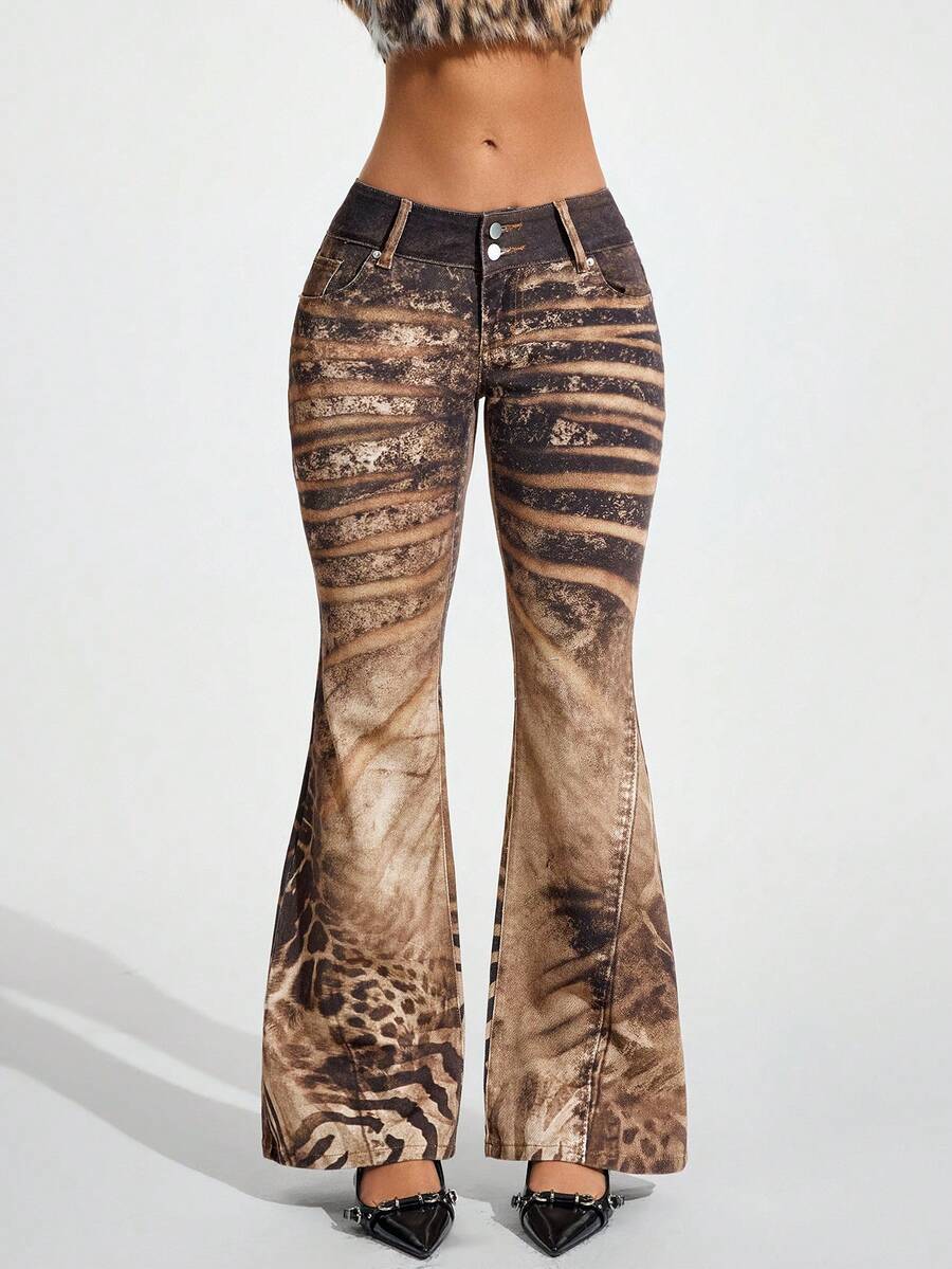 Jeanoix 女士豹纹口袋喇叭牛仔裤 - 彩色 - 查看 1