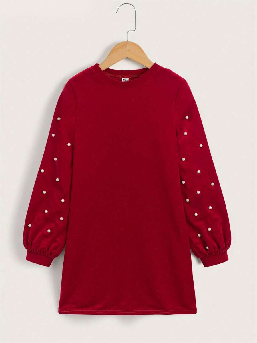 SHEIN 少女优雅珍珠装饰灯笼袖连衣裙 - 紅色 - 查看 1