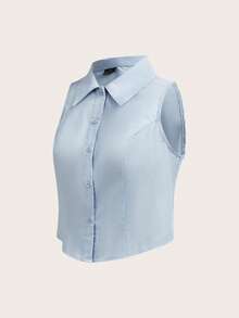 SHEIN EZwear 女士蓝色梭织无袖衬衫，春夏浅蓝色衬衫，女士蓝色衬衫，浅蓝色上衣，浅蓝色女式衬衫，浅蓝色上衣，女士无袖衬衫，夏季女士衬衫，女士衬衫，女士工作上衣，女士上衣和衬衫，工作衬衫 - 藍色 - 查看 3