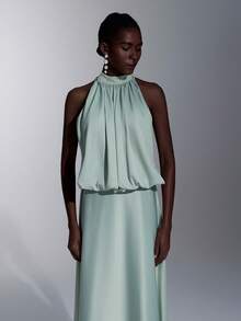 Elitara Elegant Floral Halter Neck Backless A-Line Bridesmaid Dress, Light Green & Yellow - Green - View 2