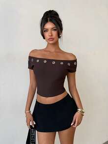 Aloruh Women's Shades Of Brown Off-Shoulder Short Sleeve Knit Fitted T-Shirt,Summer Seksi Chic Solid Color Top For Night Out,Commuting Office Work Attire - Coffee Brown - View 5