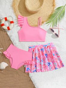 SHEIN 少女夏季度假沙滩荷叶边比基尼套装，含罩衫和裙子 - 粉色 - 查看 2