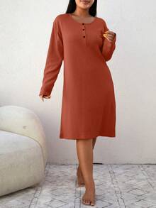 SHEIN Cottnline 100%Cotton Plus Letter Embroidery Half Button Nightdress - Rust Brown - View 5