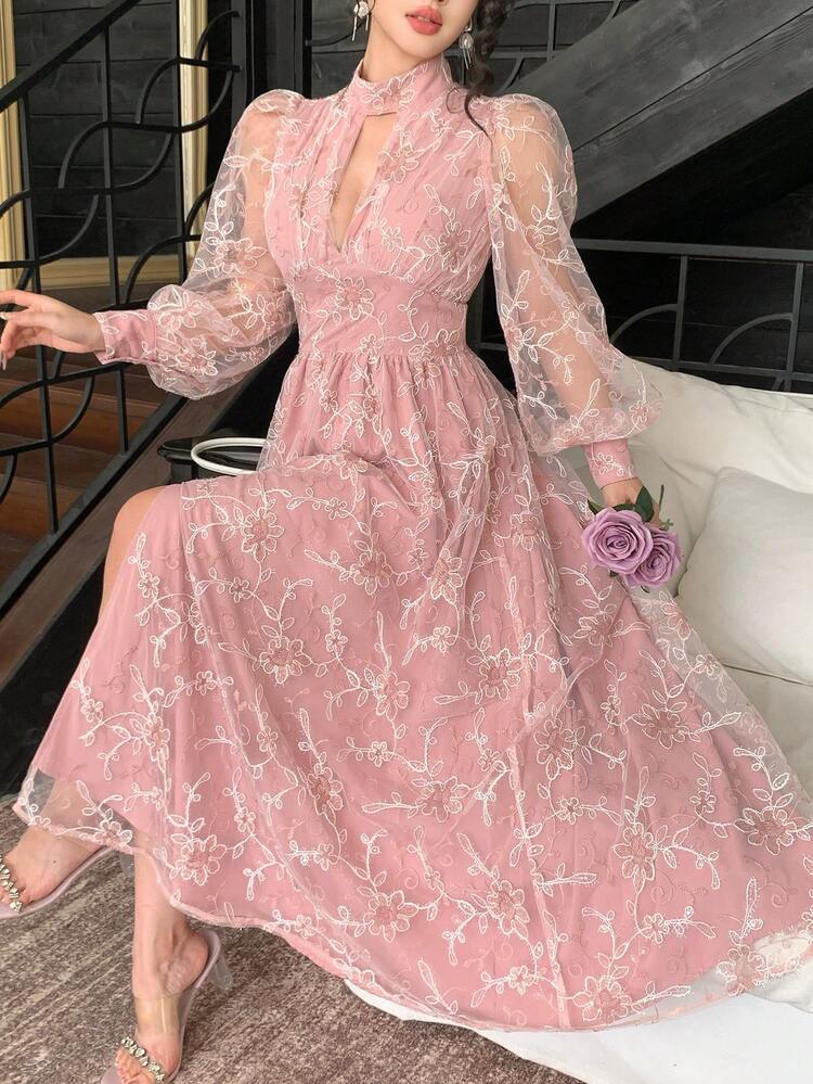 Pink Floral,Autumn,Elegant,Holiday Dinner Embroidered Long Dress,Valentine's Day Wedding Party Formal Occasion Slim Fit Hollow Out Waist Cinched Maxi
