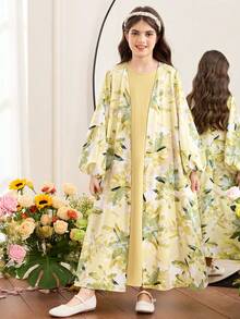 SHEIN 2pcs/Set Girls Printed Long Sleeve Dress - Yellow - View 7