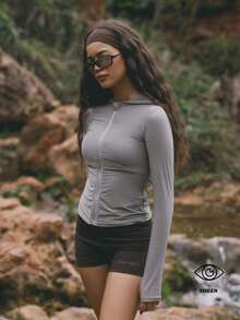 Musera Sport Sport Zip Through Fitted Hooded Long Sleeve Top Active Gym Workout Casual Sonder - Grey - View 4