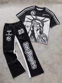 Coolqubz 2pcs/Set Teenage Boys Casual Vintage Graphic Print Fashion T-Shirt Set, Suitable For Daily Commute, Leisure And Streetwear - Black and White - View 1