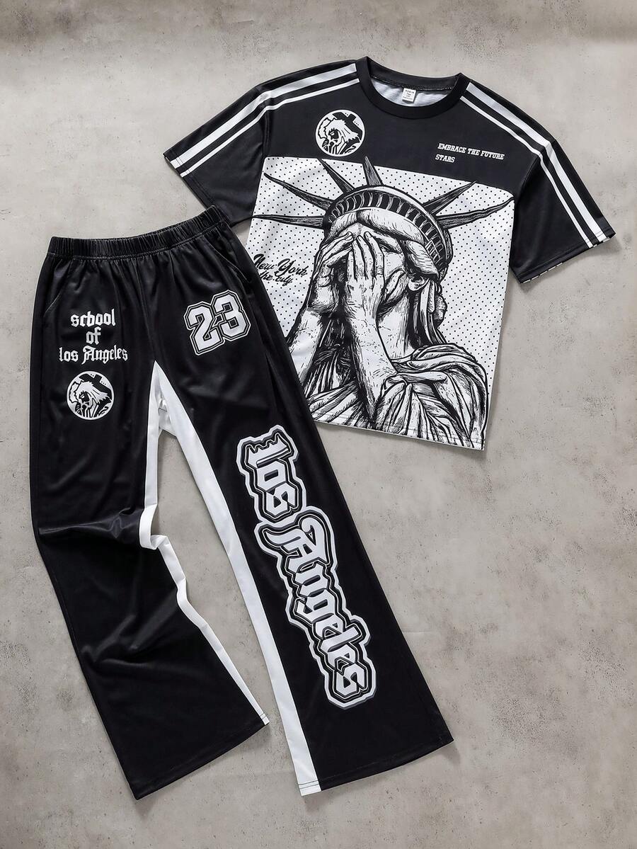 Coolqubz 2pcs/Set Teenage Boys Casual Vintage Graphic Print Fashion T-Shirt Set, Suitable For Daily Commute, Leisure And Streetwear - Black and White - View 1