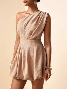 Zivah 2026 Spring/Summer New Arrival Wedding Season, Music Festival, Easter, Western, Nomadic, Bohemian, Nashville Inspired Party, Wedding, Evening, Date, Gathering, Birthday Dress - Asymmetric Shoulder, Ruched Waist, Tulip Hem, Bamboo Fiber Fabric, Fitted Mini Dress - Khaki - View 5