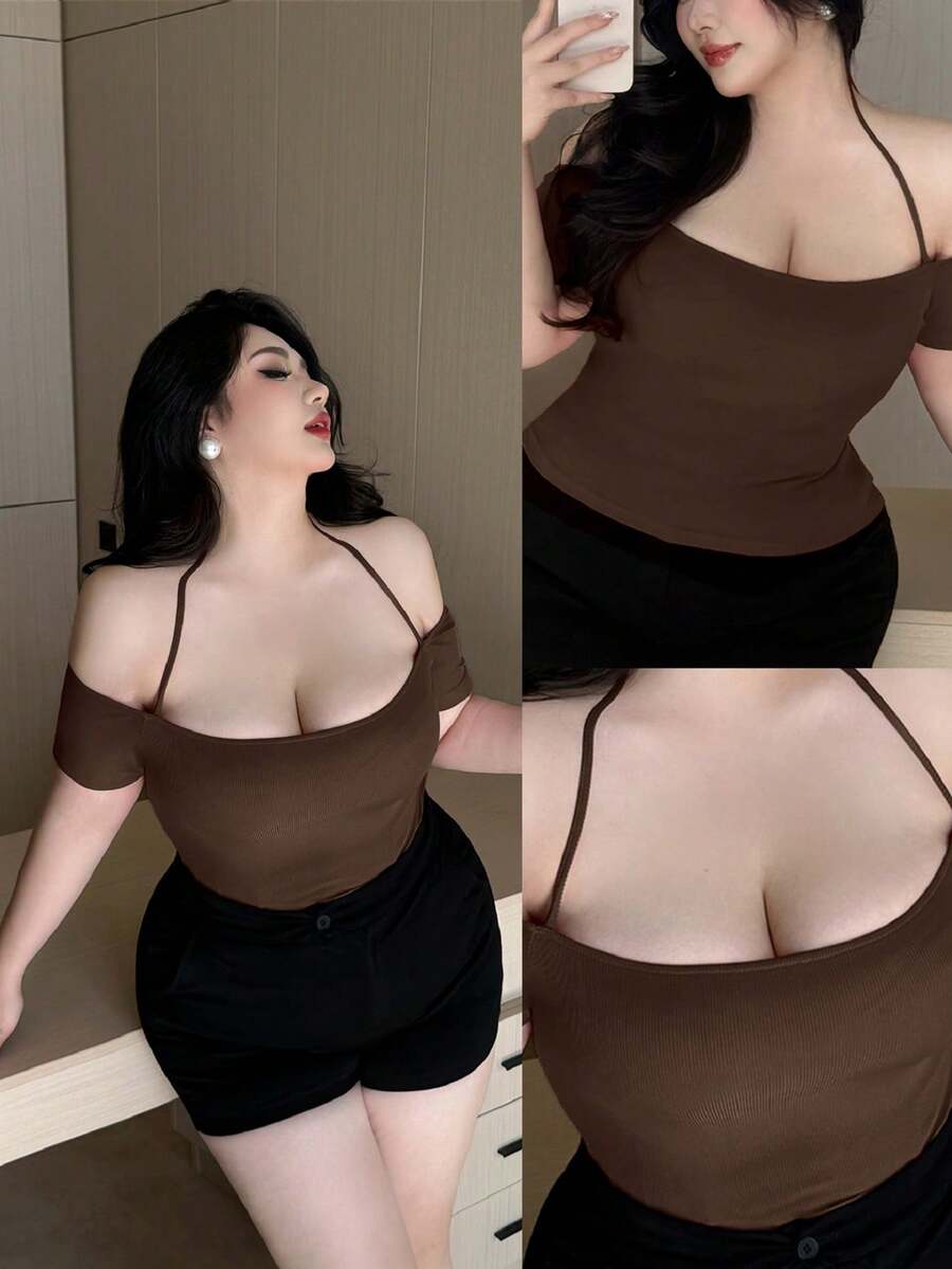 Vibekara 大码女式纯色露肩系带镂空性感百搭约会之夜短袖T恤 - 咖啡棕 - 查看 1