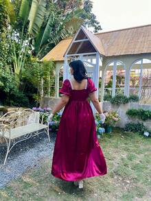 Flirla 大码撞色蕾丝优雅蝴蝶印花连衣裙 - 酒紅色 - 查看 2