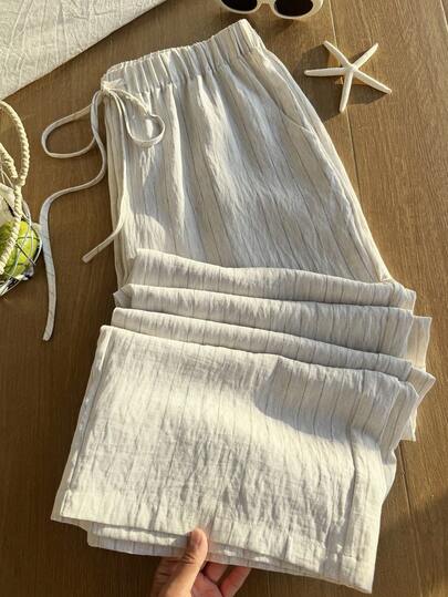 Comfortcana Women's Plus Size Apricot Woven Striped Pocket Loose Pants