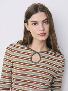 Nöista Long-Sleeve Striped Top Features A Unique Keyhole Neckline With Contrast Trim, For Stylish Everyday Wear, Summer, Spring. - Brown - View 4