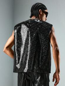 ROMWE MEN Street Life Men's Textured Floral V-Neck Button Vest - Black - View 3