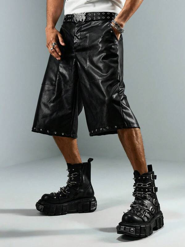 ROMWE MEN Street Life 男士PU面料水钻设计口袋时尚短裤