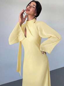 Firerie Vestido elegante para mujer de vacaciones y uso diario casual, manga larga asimétrica, cuello con lazo, cintura calada, corte ajustado y acampanado, amarillo pálido, verano, invitada de boda - amarillo ganso - Ver 3